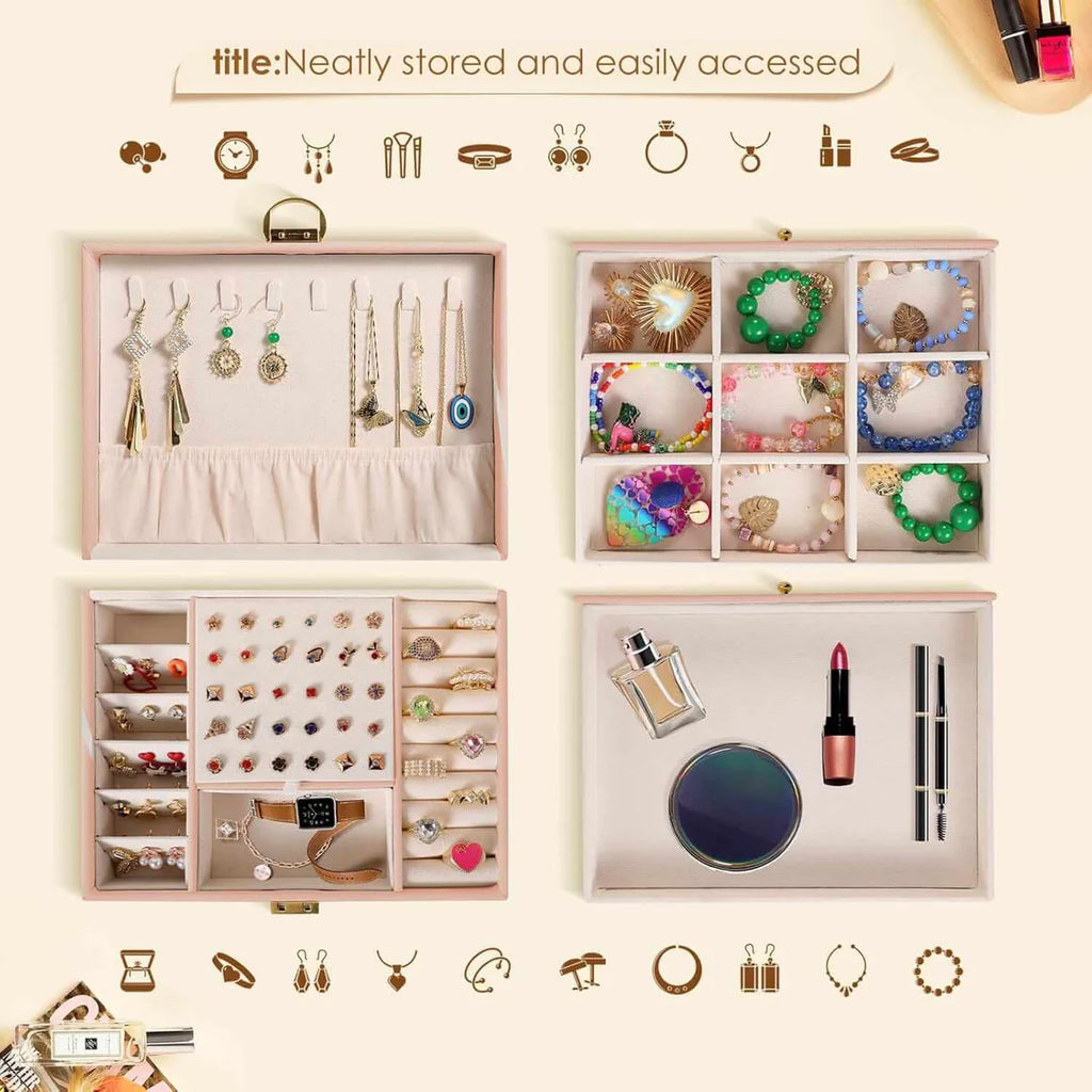 3-Layer Jewelry Box Organizer | Lockable Velvet Jewelry Case with Drawers