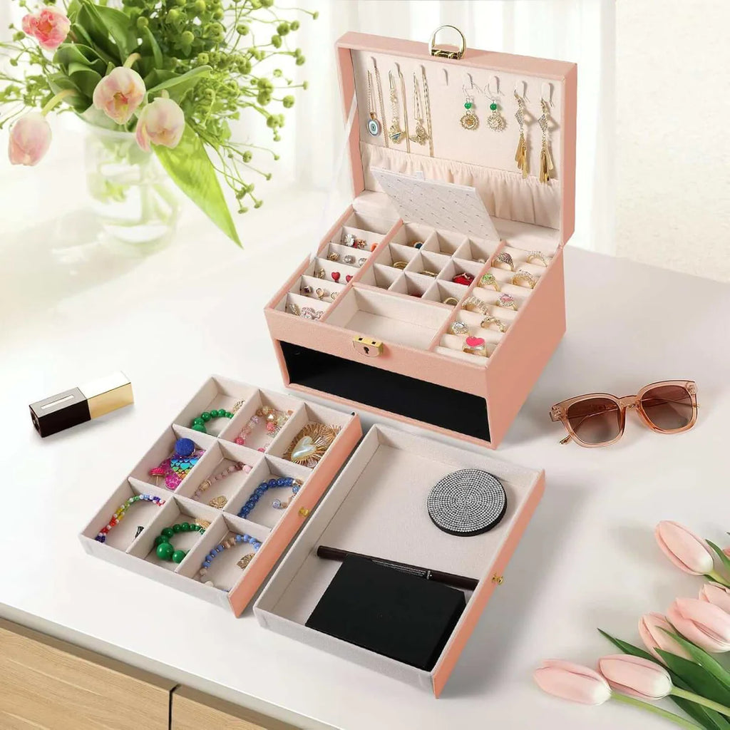 3-Layer Jewelry Box Organizer | Lockable Velvet Jewelry Case with Drawers