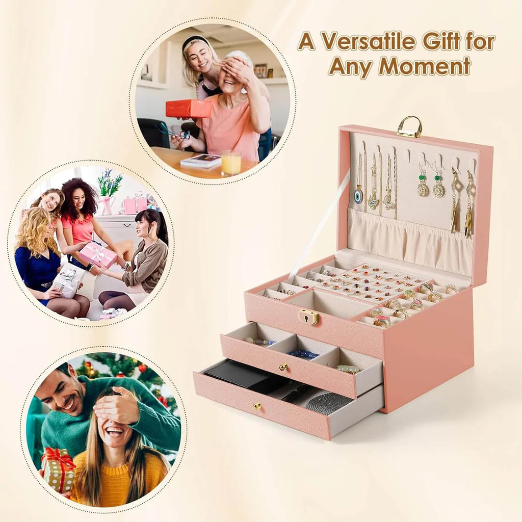 3-Layer Jewelry Box Organizer | Lockable Velvet Jewelry Case with Drawers