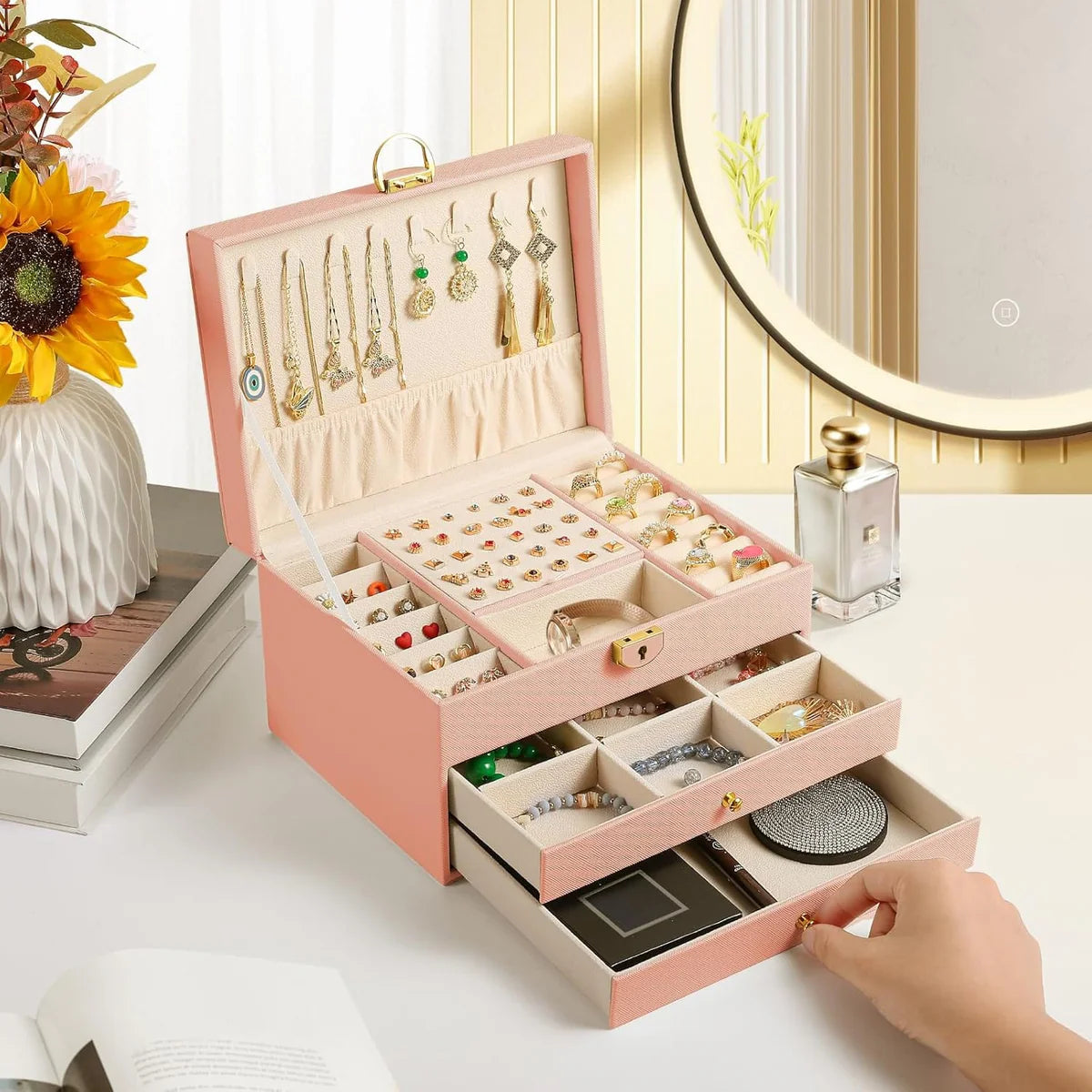 3-Layer Jewelry Box Organizer | Lockable Velvet Jewelry Case with Drawers