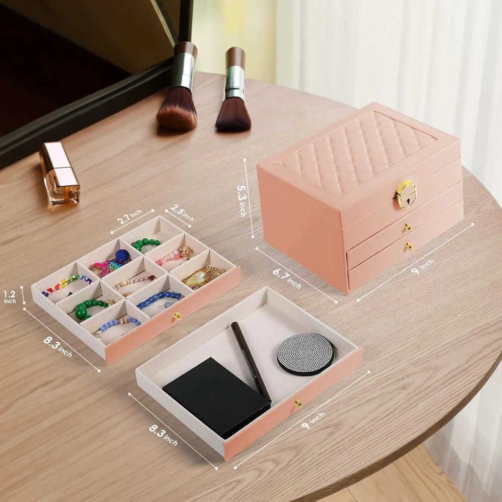 3-Layer Jewelry Box Organizer | Lockable Velvet Jewelry Case with Drawers